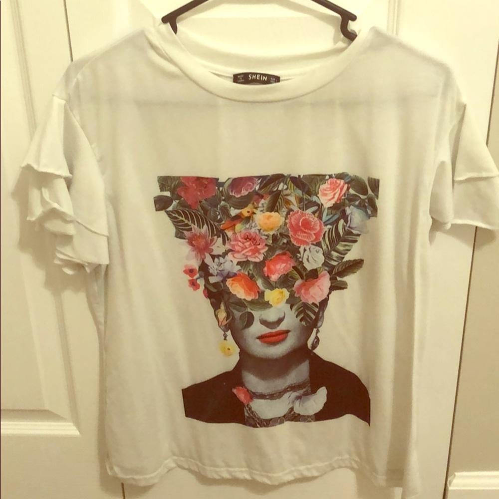 White shirt with floral shoulders. Shein